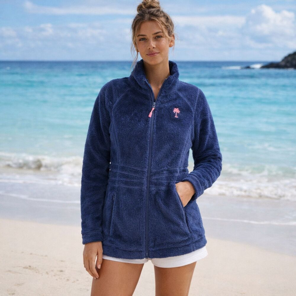 Lilly Pulitzer Maddie Fleece Jacket XS Blue Full Zip Pink Palm Logo Soft Cozy